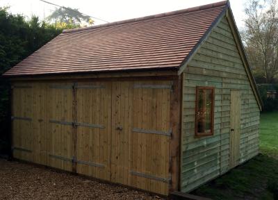 5.4m x 5.4m (18' x 18') 2 bay Open Barn with plain clay tile roof and optional barn doors, window & pedestrian door